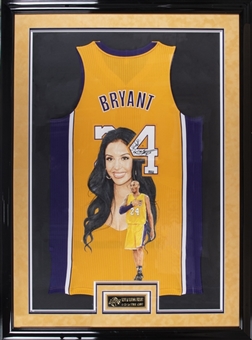 Kobe Bryant and Vanessa Bryant Dual Signed Hand Painted Los Angeles Lakers Jersey by Artist William Zavala In 39x52 Framed Display (Panini and Photo Proof)